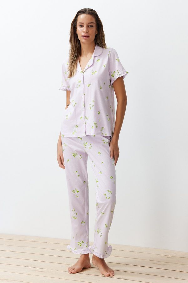 Trendyol Trendyol Pink-Multicolored 100% Cotton Floral Ruffle Detailed Knitted Pajama Set