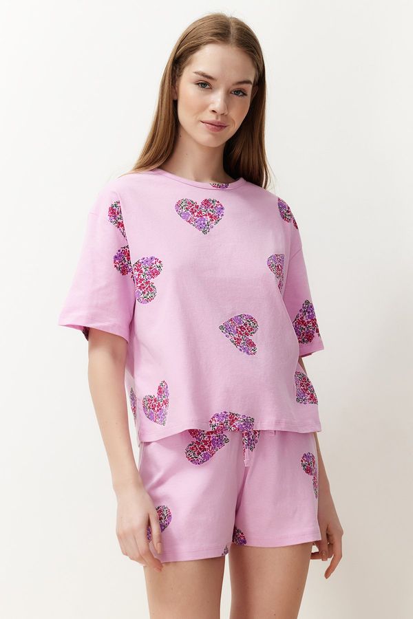 Trendyol Trendyol Pink-Multicolored 100% Cotton Heart Knitted Pajama Set