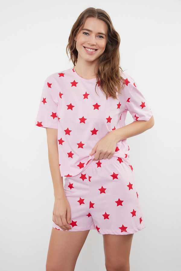 Trendyol Trendyol Pink-Multicolored 100% Cotton Star Patterned T-shirt-Shorts Knitted Pajama Set