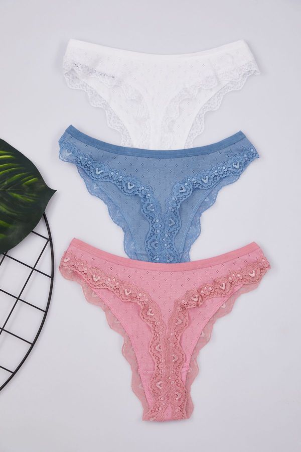 Trendyol Trendyol Pink-Multicolored 3-Pack 100% Cotton Thong Knitted Panties