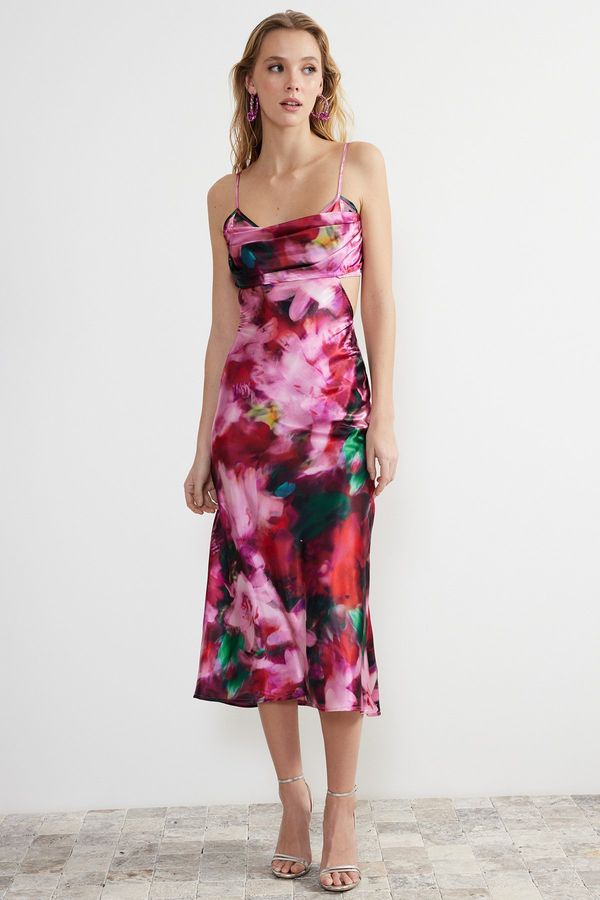 Trendyol Trendyol Pink-Multicolored Satin Floral Patterned Elegant Evening Dress