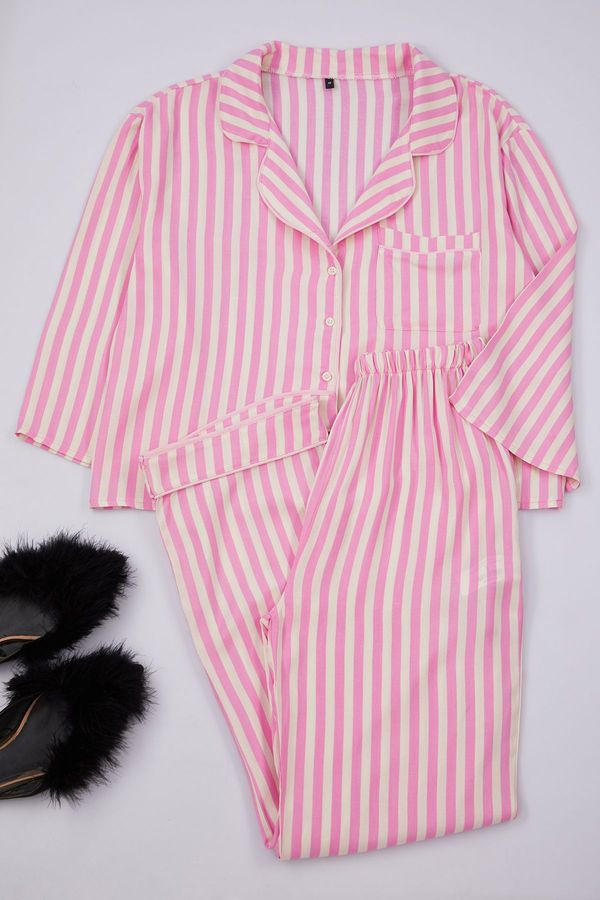 Trendyol Trendyol Pink-Multicolored Striped Viscose Woven Pajama Set