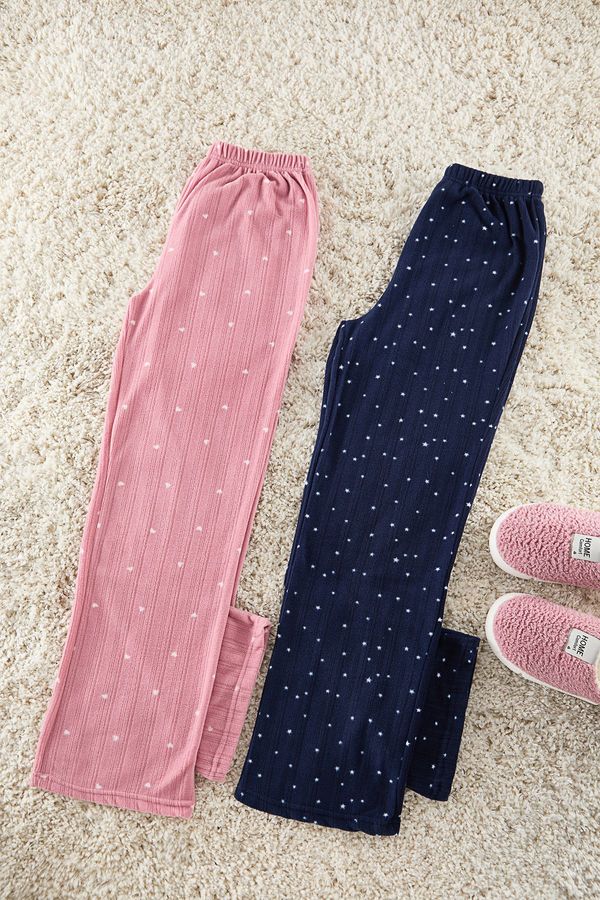 Trendyol Trendyol Pink-Navy 2-Pack Star and Heart Patterned Polar Fleece Winter Knitted Pajama Bottoms