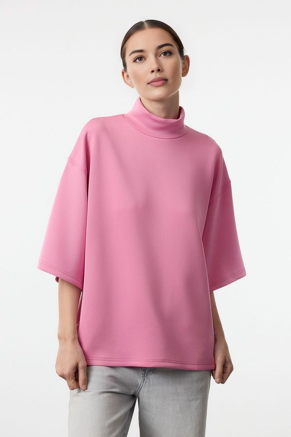 Trendyol Trendyol Pink Oversize/Wide Pattern Stand Collar Three Quarter Sleeve Knitted Sweatshirt