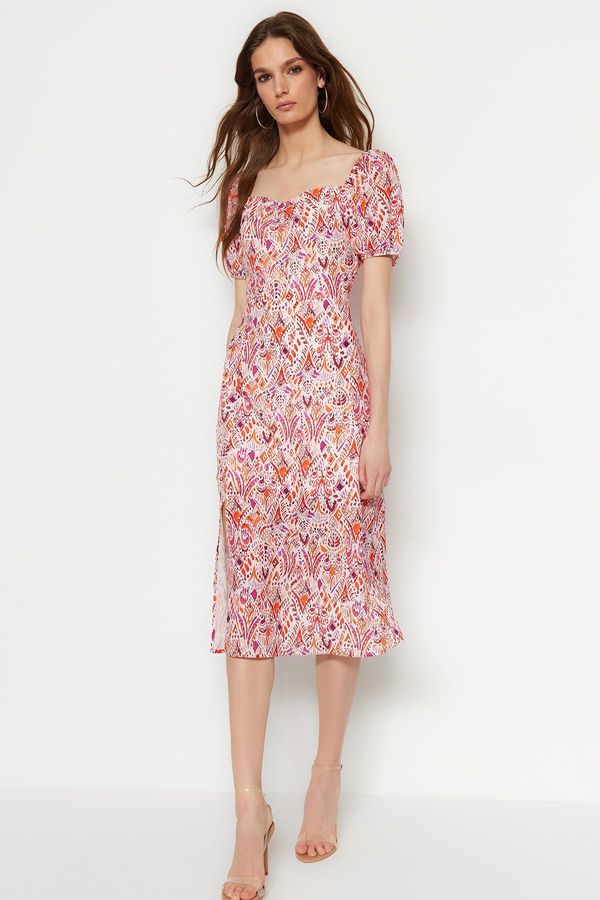 Trendyol Trendyol Pink Patterned A-line Square Collar Slit Midi Lined Chiffon Woven Dress