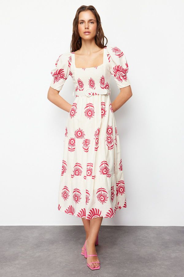 Trendyol Trendyol Pink Patterned Square Collar Linen Look Woven Midi Dress with Belt