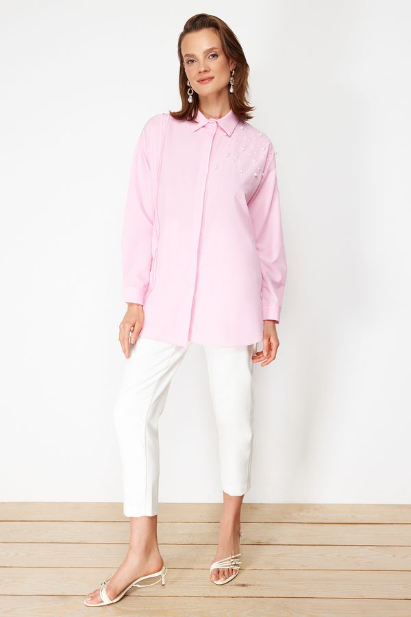 Trendyol Trendyol Pink Pearl Detailed Cotton Woven Shirt