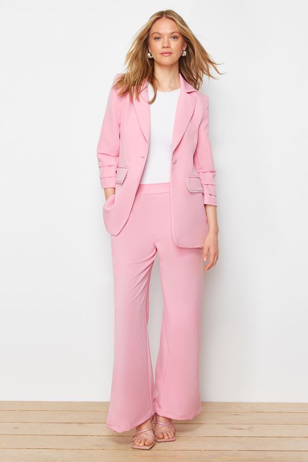 Trendyol Trendyol Pink Pearl Detailed Crepe Jacket Trousers Woven Bottom Top Set