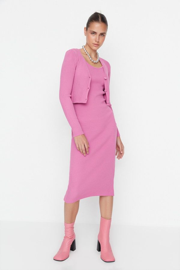 Trendyol Trendyol Pink Pink Fitted Midi Knitwear Cardigan Dress Suit