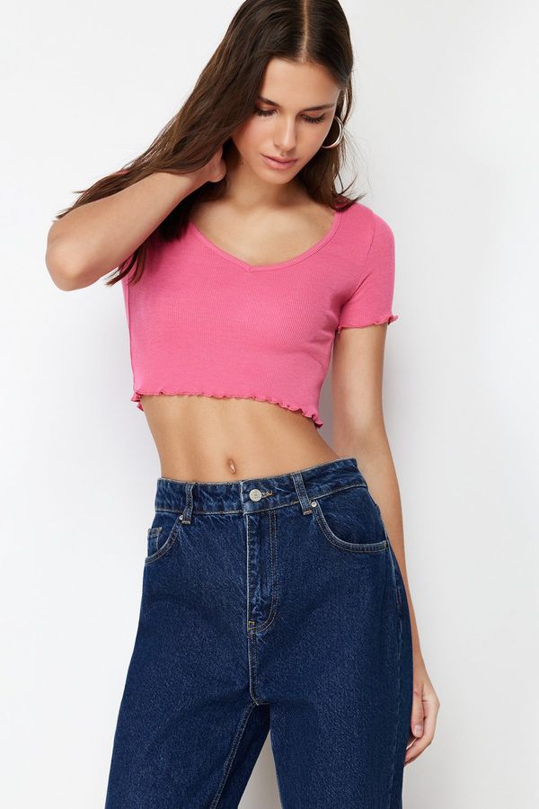 Trendyol Trendyol Pink Pool Collar Baby Overlock Detailed Crop Ribbed Stretchy Knitted Blouse