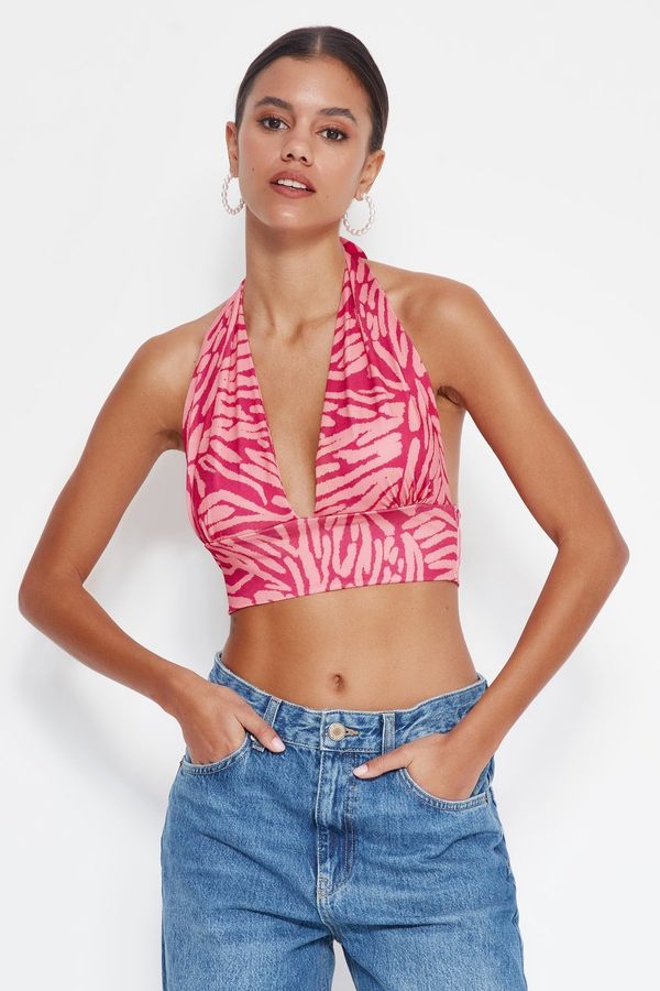 Trendyol Trendyol Pink Printed Halterneck Fitted Super Crop Stretchy Knit Blouse