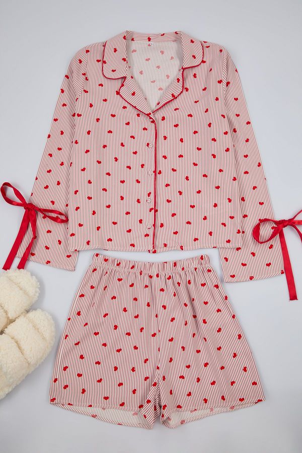 Trendyol Trendyol Pink-Red Lined Tie/Bow and Piping Detailed Viscose Woven Pajama Set