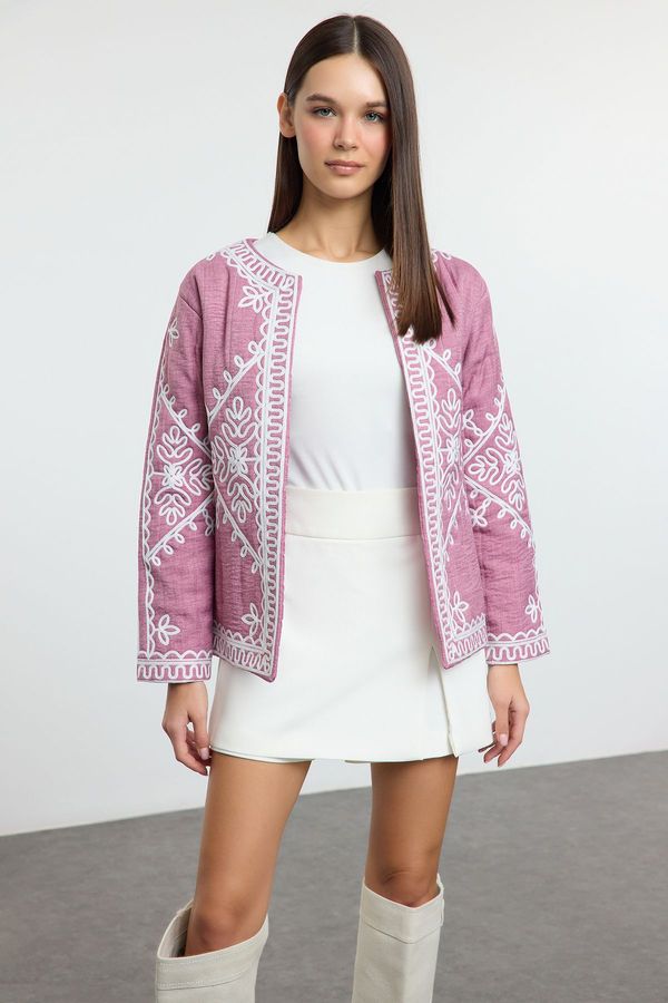 Trendyol Trendyol Pink Regular Pattern Embroidered Detailed Lined Thin Jacket Coat