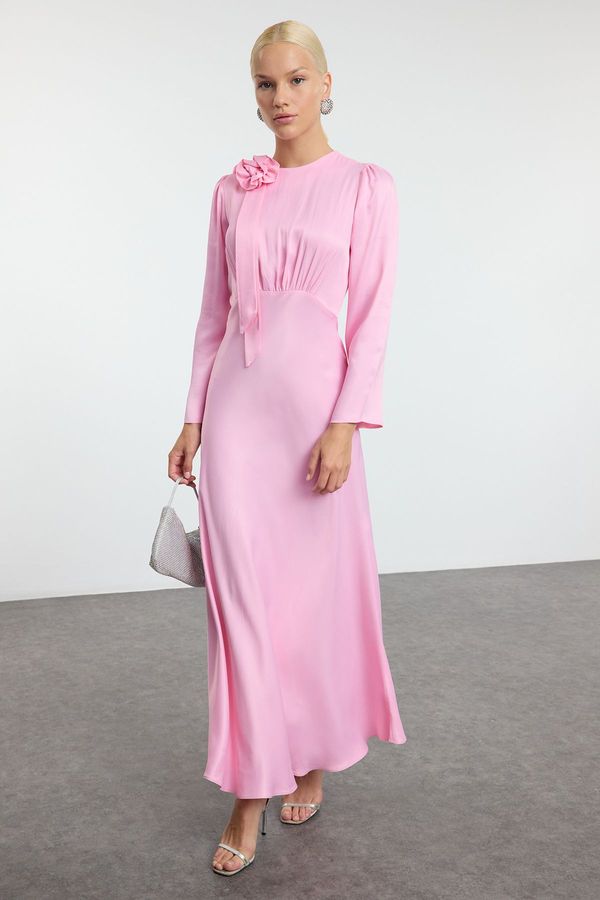 Trendyol Trendyol Pink Rose Detailed Special Day Woven Satin Evening Dress