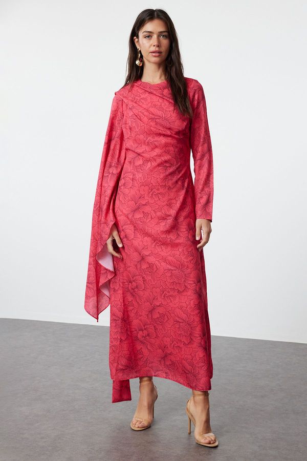 Trendyol Trendyol Pink Shawl Collar Floral Patterned Woven Evening Dress