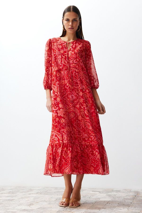 Trendyol Trendyol Pink Shawl Pattern Straight Cut Maxi Lined Chiffon Woven Dress