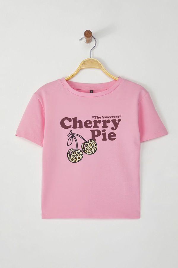 Trendyol Trendyol Pink Slogan Printed Crop Fitted/Fits Body Knitted T-Shirt