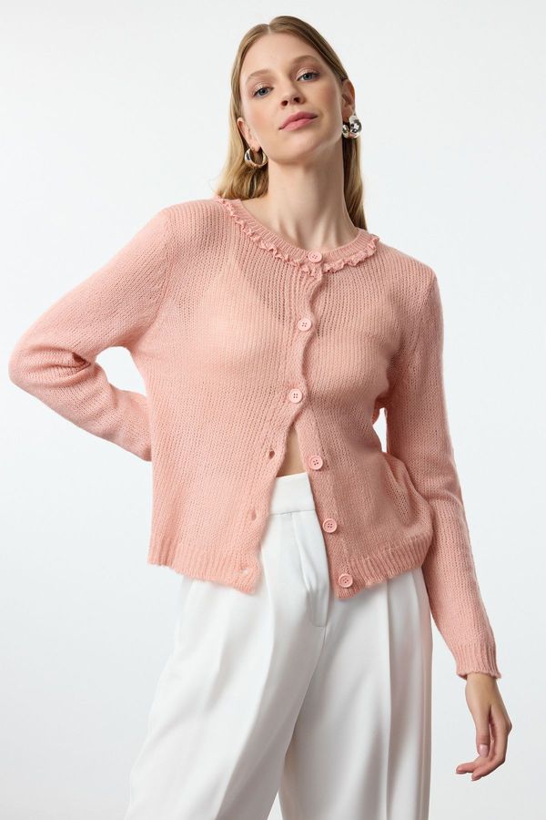 Trendyol Trendyol Pink Soft Textured Tulle Embroidered Knitwear Cardigan