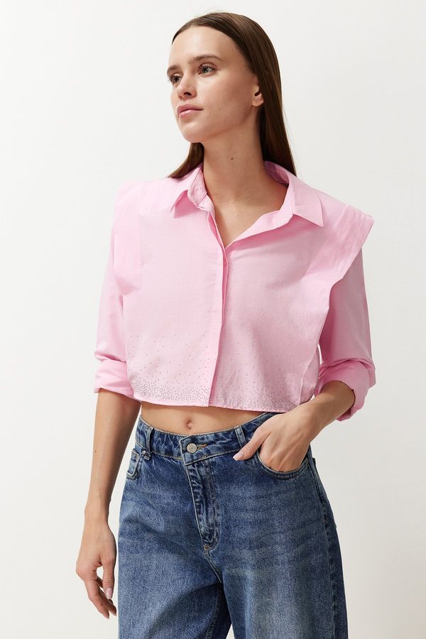 Trendyol Trendyol Pink Stoned Crop Woven Shirt with Padded Sleeves