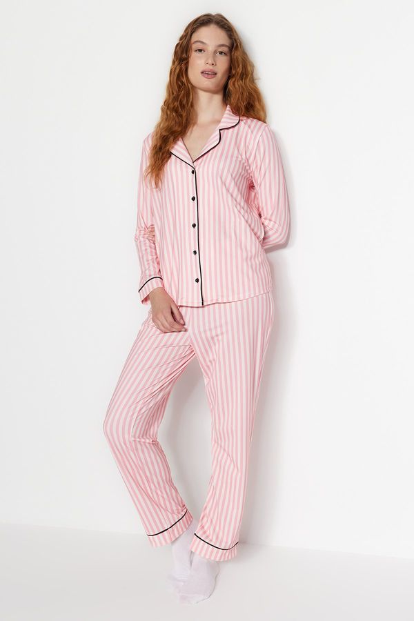 Trendyol Trendyol Pink Stripe Patterned piping fleece inner shirt-pants pletena pidžama set