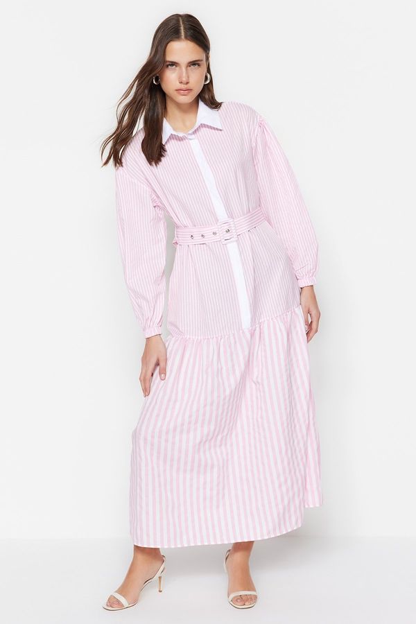 Trendyol Trendyol Pink Striped Belt Detailed Half Pat Woven Dress