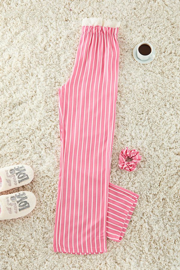 Trendyol Trendyol Pink Striped Lace Detailed Viscose Woven Pajama Bottoms with Buckle Gift