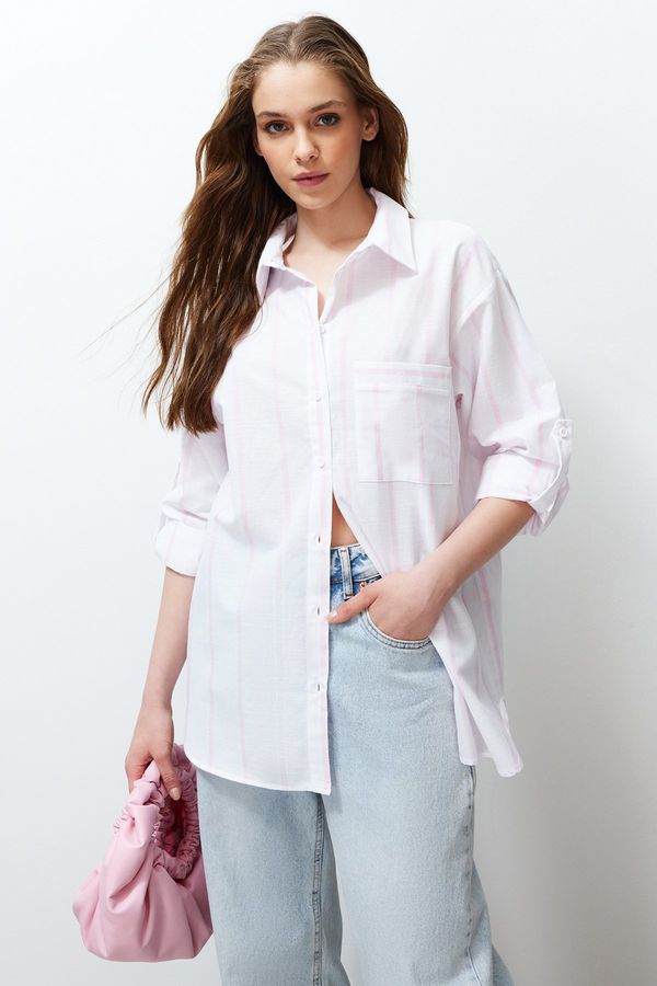 Trendyol Trendyol Pink Striped Oversize/Wide Fit Woven Shirt with Curable Sleeve Detail