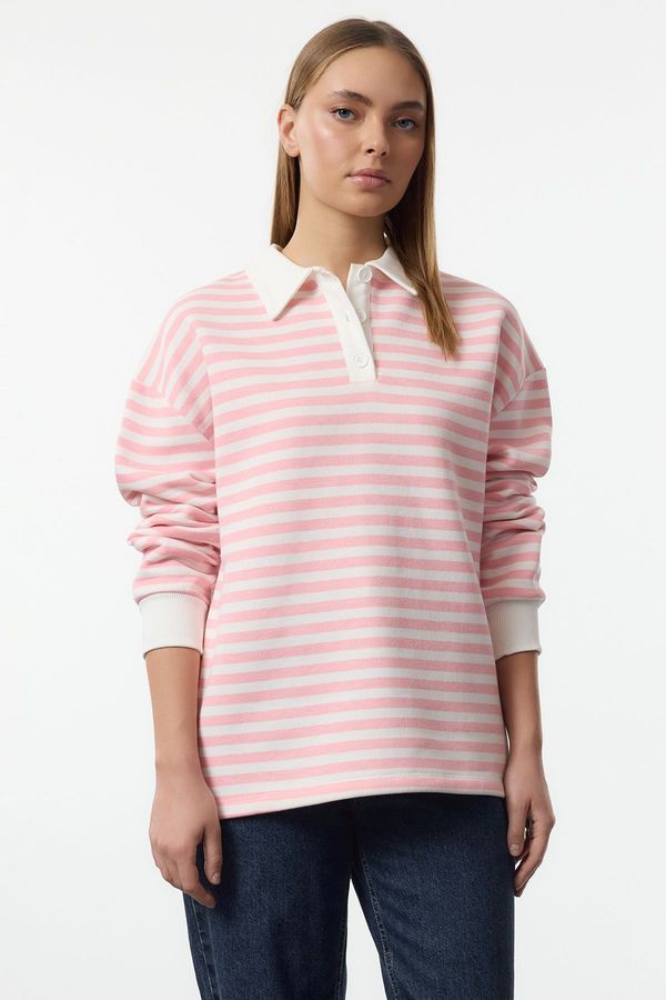 Trendyol Trendyol Pink Striped Polo Neck Thick Polar Fleece Oversize Knitted Sweatshirt