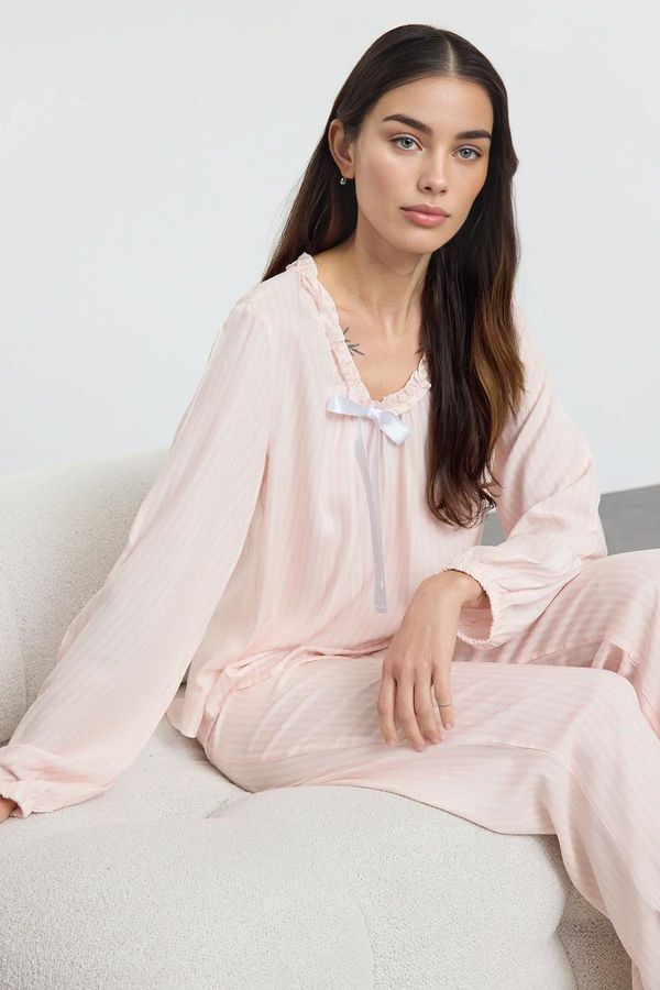 Trendyol Trendyol Pink Striped Ruffle and Ribbon/Bow Detailed Woven Pajama Set