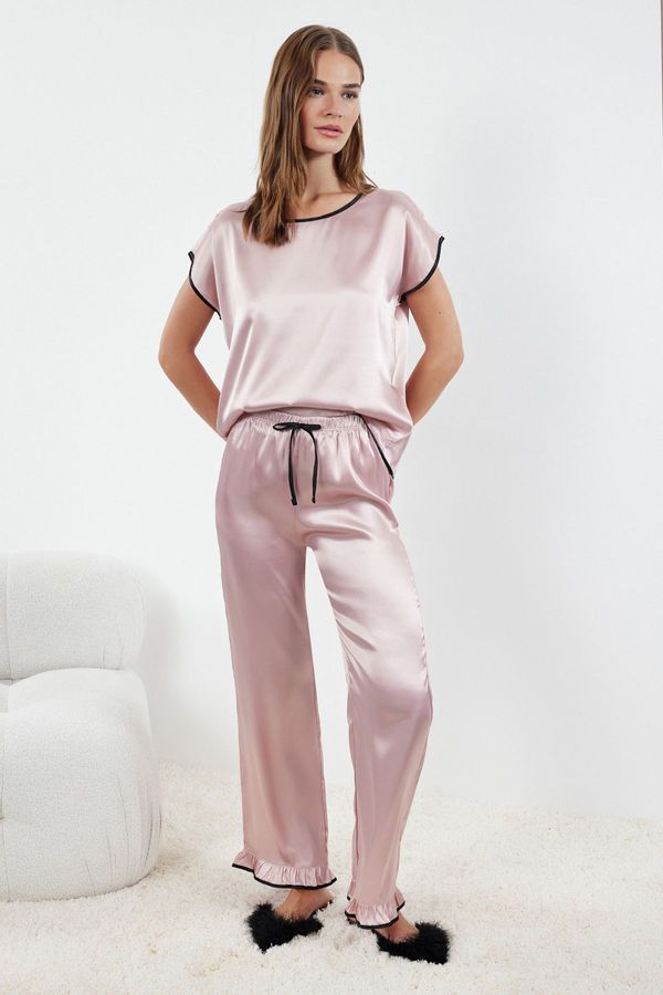 Trendyol Trendyol Pink Tie and Piping Detailed Satin Woven Pajama Set