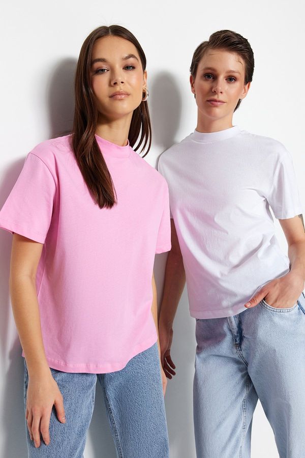 Trendyol Trendyol Pink-White 2-Pack 100% Cotton Basic Stand Up Collar Knitted T-Shirt