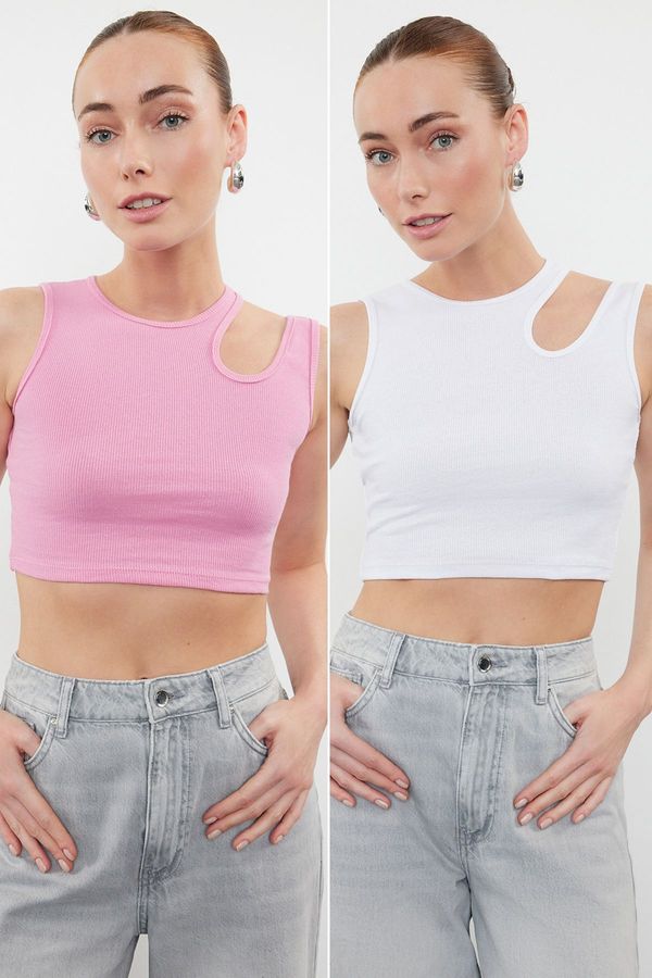 Trendyol Trendyol Pink-White 2 Pack Cut Out Detailed Fitted Crop Ribbed Flexible Knitted Undershirt