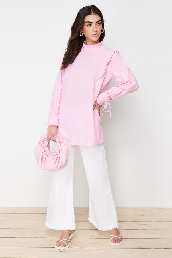 Trendyol Trendyol Pink Woven Cotton Tunic With Ruffled Shoulder and Cuff