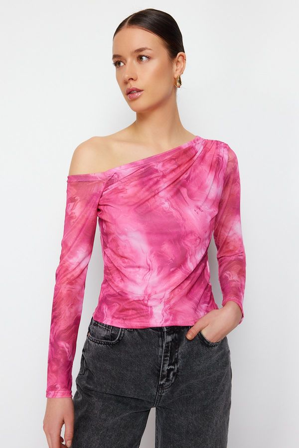 Trendyol Trendyol Pink*001 Patterned Tulle Lined Asymmetric Collar Knitted Blouse