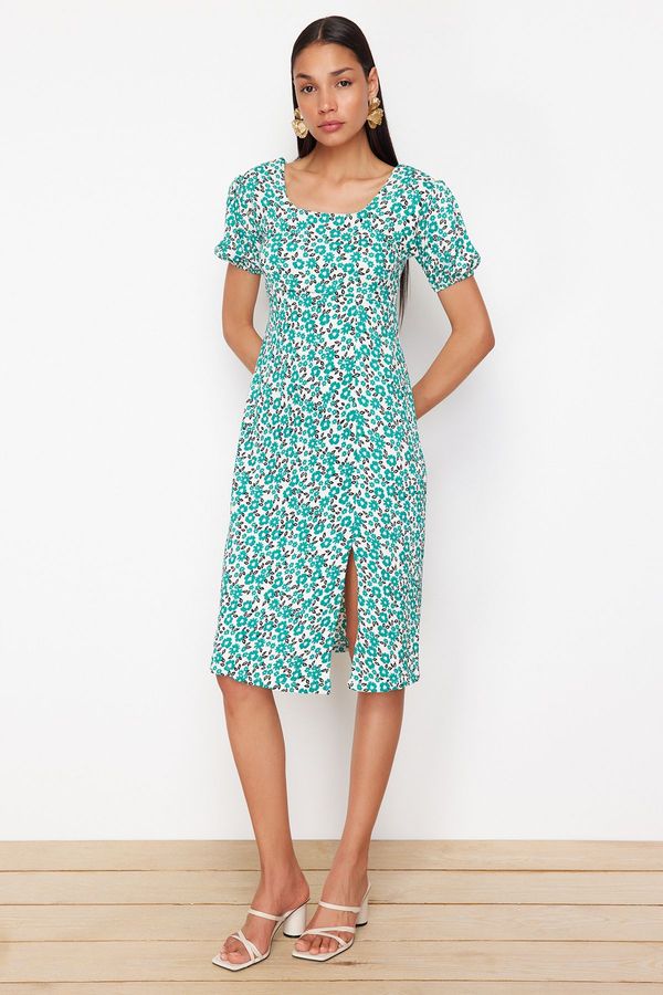 Trendyol Trendyol Pistachio Green Printed Textured Gathered Square Neck Back Tie Detail Flexible Knitted Dress