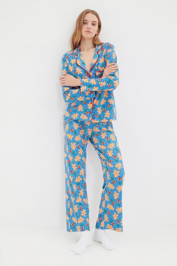 Trendyol Trendyol plava 100% pamuk Božićna tema pletena pidžama set