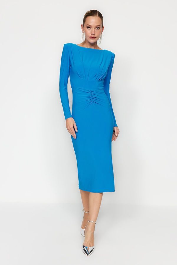 Trendyol Trendyol plava pletena ogrnuta elegantna večernja haljina