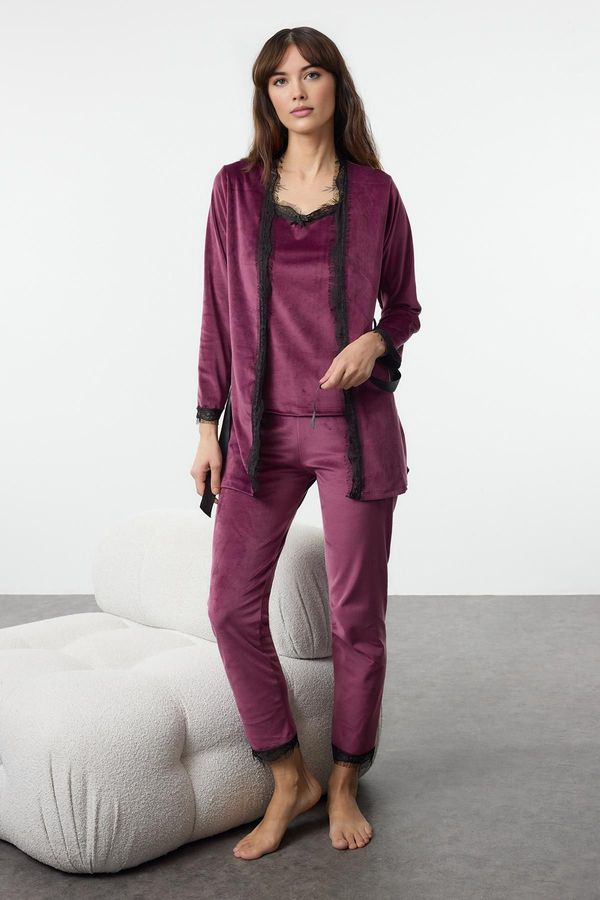 Trendyol Trendyol Plum 3-Piece Belted Lace Detailed Velvet Knitted Pajama Set