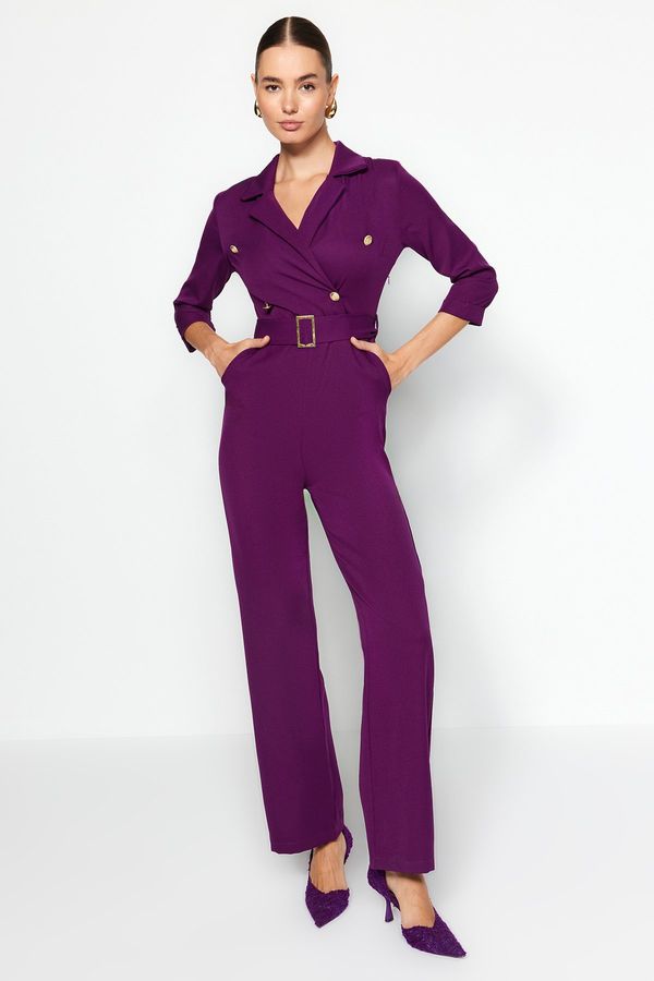 Trendyol Trendyol Plum Belt, Double Breasted Collar Woven Jumpsuit