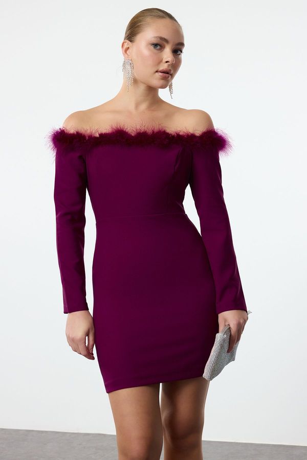 Trendyol Trendyol Plum Body-Sit Carmen Collar Otrish Detailed Woven Short Elegant Evening Dress