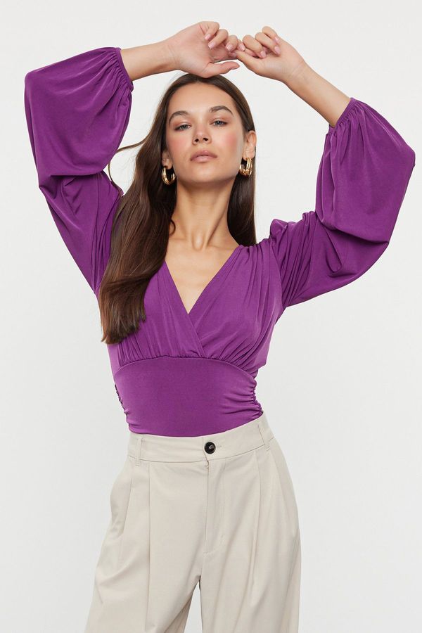 Trendyol Trendyol Plum Double Breasted Gathering/Drape Detailed Long Sleeve Stretchy Knitted Blouse