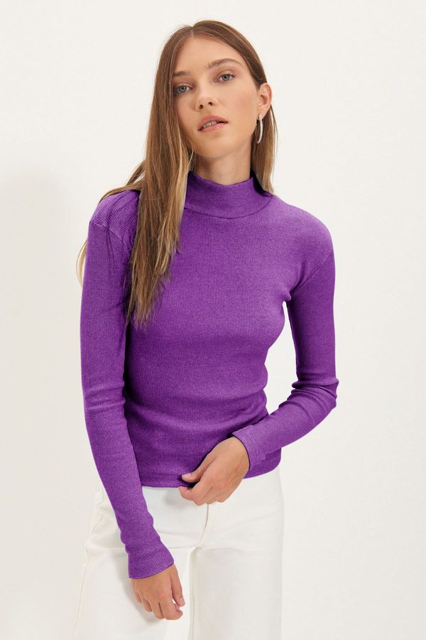 Trendyol Trendyol Plum Fitted/Body-Sit Stand-Up Collar Long Sleeve Elastic Ribbed Knit Blouse