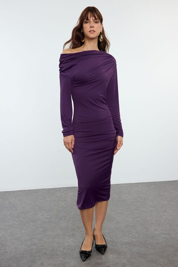 Trendyol Trendyol Plum Fitted/Fits Body Asymmetrical Neck Midi Knit Dress