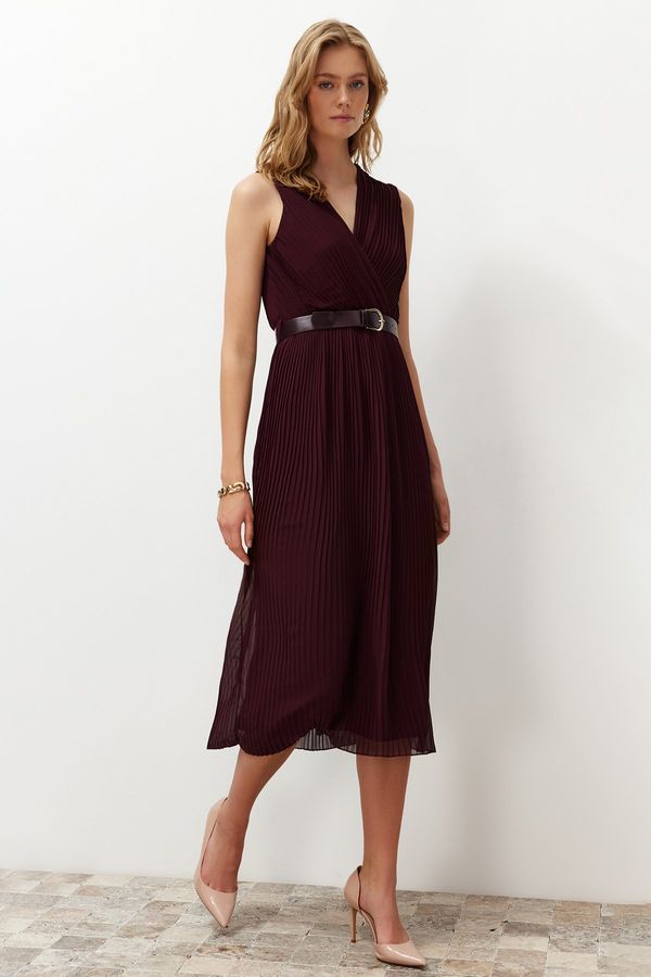 Trendyol Trendyol Plum Pleated Double Breasted Collar Chiffon Lined Midi Woven Dress