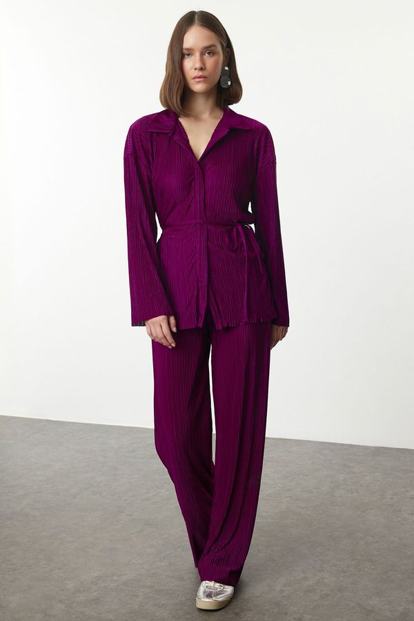 Trendyol Trendyol Plum Pleated Relaxed/Comfortable Pattern Flexible Knitted Blouse/Pants Bottom-Top Set