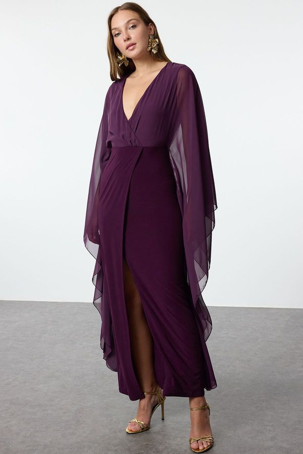 Trendyol Trendyol Plum Sleeve Detailed Chiffon Long Evening Dress