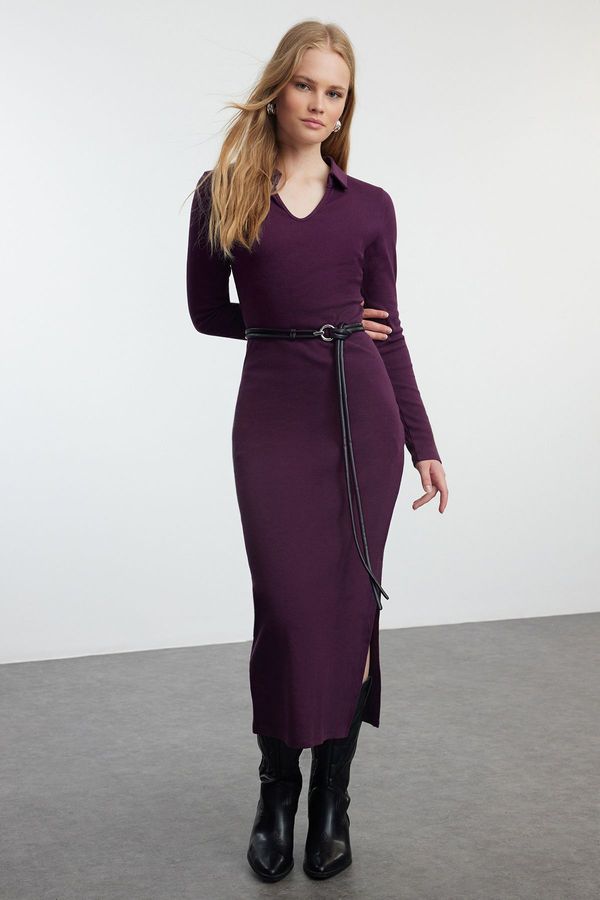 Trendyol Trendyol Plum Straight Polo Neck Bodycone/Fitting Midi Knitted Dress