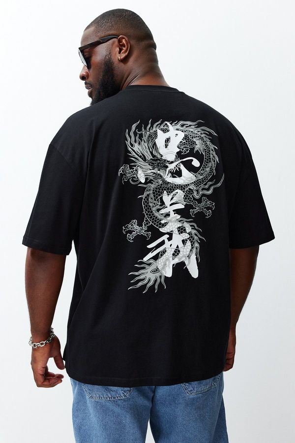 Trendyol Trendyol Plus Size Black Oversize/Wide Cut Far East Printed 100% Cotton T-shirt