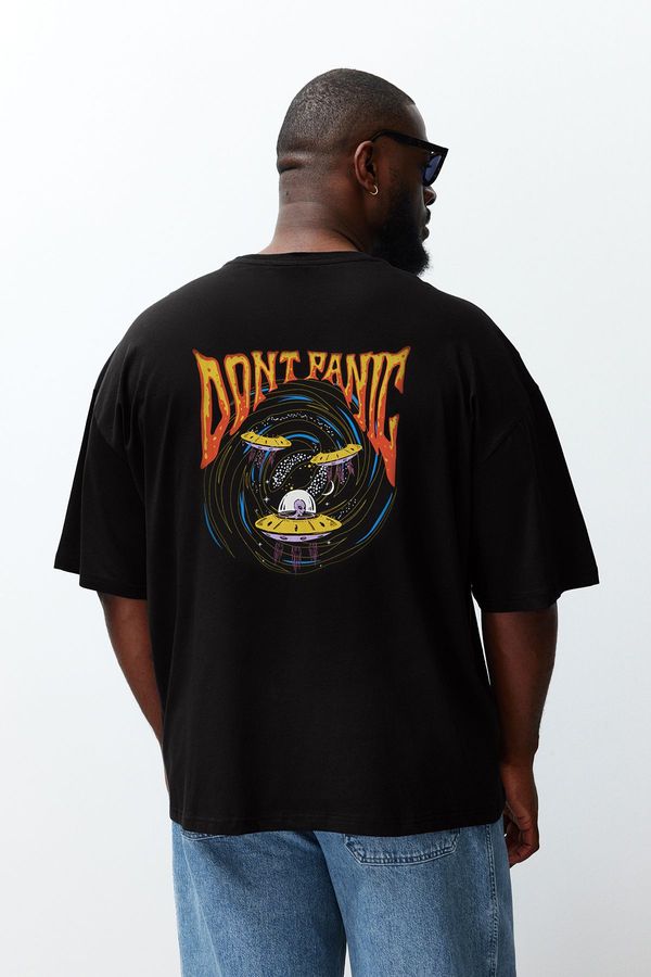 Trendyol Trendyol Plus Size Black Oversize/Wide Cut Space Print 100% Cotton T-Shirt