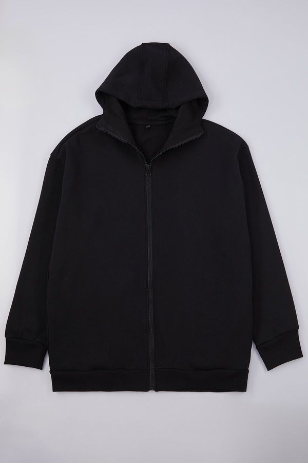 Trendyol Trendyol Plus Size Black Oversize/Wide Cut Zippered Hooded Cotton Sweatshirt